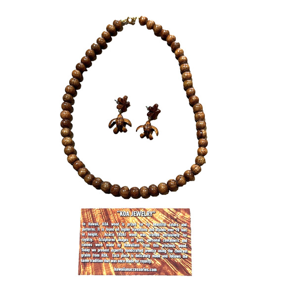 Hawaiian Natural Koa Wood Beaded 18" Choker Necklace & Turtle Pierced Earrings - Picture 1 of 8